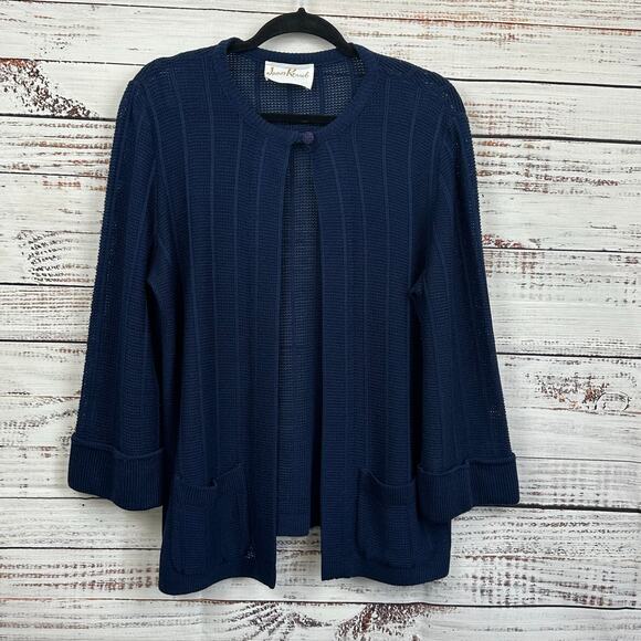 Women's VTG 70's James Kenrob Navy Blue Open Front One Button Mesh Cardigan 16 - Picture 2 of 5